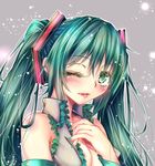  bush green_eyes green_hair hatsune_miku long_hair mitsuki_(omezame_alice) nail_polish one_eye_closed solo twintails vocaloid 