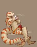  anthro barefoot big_penis bonner briefs bulge coffee corn_snake crossed_legs cup derrick erection grey_background hairless hextra hindpaw humanoid_penis male morning_wood panties paws penis plain_background redic-nomad reptile scalie sitting snake solo topless underwear waking_up 
