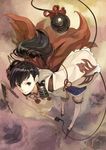  bent_over black_hair brown_eyes cape foreshortening from_above full_body hatsuho hidari_(left_side) long_hair looking_at_viewer looking_up platform_footwear ponytail reverse_grip smile solo standing tareme thighhighs toukiden weapon white_legwear 