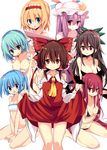  :p alice_margatroid apron ascot bat_wings bikini black_bikini blonde_hair blue_hair blush bow breast_hold breasts brown_hair cleavage detached_sleeves hair_bobbles hair_bow hair_ornament hair_tubes hairband hakurei_reimu hat head_wings heterochromia kawashiro_nitori koakuma large_breasts lifted_by_self long_hair maturiuta_sorato multiple_girls naked_apron open_mouth patchouli_knowledge purple_eyes purple_hair red_eyes red_hair reiuji_utsuho short_hair simple_background skirt skirt_lift smile swimsuit tatara_kogasa tongue tongue_out touhou two_side_up white_background wings 