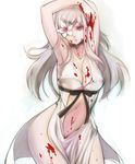 armpits arms_behind_head arms_up bare_shoulders blood breasts cleavage contrapposto drag-on_dragoon drag-on_dragoon_3 dress flower flower_eyepatch kisa_(haqua) large_breasts long_hair long_sleeves looking_at_viewer navel open_mouth parted_lips pose red_eyes simple_background solo standing white_hair wide_hips zero_(drag-on_dragoon) 