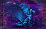  abstract_background acidapluvia blue_body blue_dragon blue_theme body_markings claws dragon dragon_wings horn looking_at_viewer male markings nude sitting solo spread_wings wings 