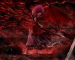  alternate_costume blood chama_(painter) demon glowing glowing_eyes horns injury middle_finger polearm purple_hair remilia_scarlet scythe solo spear spear_the_gungnir sword torn_clothes touhou weapon wings 