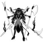  antaria axe bident chi_you chinese_mythology dated full_body genderswap genderswap_(mtf) greyscale high_heels horns long_hair monochrome multiple_arms navel polearm poleaxe shoes signature simple_background solo spear spot_color tail weapon white_background yellow_eyes 