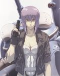  absurdres artist_request breasts cleavage fingerless_gloves ghost_in_the_shell ghost_in_the_shell_stand_alone_complex gloves gun highres jacket kusanagi_motoko leotard lips medium_breasts official_art purple_hair red_eyes solo tachikoma weapon 