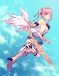  bad_id bad_pixiv_id bare_back bare_shoulders blue_eyes blue_sky blush boots cloud collar day detached_sleeves dress elbow_gloves fingerless_gloves gauntlets gloves kimino_tomonari long_hair looking_back original pink_hair ribbon sky solo sword tiara twintails weapon 