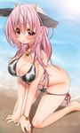  animal_ears animal_print beach bell bikini blush breasts cleavage cow_bell cow_ears cow_horns cow_print day earrings full_body highres horns inuue_kiyu jewelry large_breasts long_hair necklace open_mouth original pink_hair red_eyes solo string_bikini swimsuit very_long_hair 