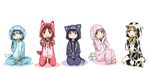  :&lt; :d akemi_homura alternate_costume alternate_hairstyle animal_costume animal_print bad_id bad_pixiv_id black_hair blonde_hair blue_eyes bunny_costume cat_costume colored_shadow cosplay cow_costume cow_print dog_costume fang hair_down hood kaname_madoka kigurumi kyubey long_hair mahou_shoujo_madoka_magica miki_sayaka multiple_girls open_mouth pajamas pink_eyes pink_hair purple_eyes red_eyes red_hair sakura_kyouko seiza shadow short_hair sitting smile tomoe_mami twintails wolf_costume yellow_eyes yoplait 