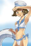  akizuki_ryou armpits bad_id bad_pixiv_id bikini brown_eyes brown_hair dixie_cup_hat hat idolmaster idolmaster_dearly_stars innertube male_focus military_hat otoko_no_ko sailor_bikini sailor_collar sailor_swimsuit_(idolmaster) short_hair solo swimsuit yasukawa_key 