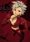  absurdres ban_(nanatsu_no_taizai) highres jacket leather leather_jacket leather_pants looking_at_viewer male_focus nanatsu_no_taizai pants red red_background red_eyes rokumu scar shoes silver_hair solo spiked_hair tongue 