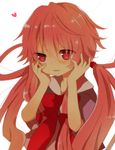  bow gasai_yuno hair_bow hands_on_own_cheeks hands_on_own_face heart heart-shaped_pupils mirai_nikki nayu_(rhododendron) pink_hair red_eyes solo symbol-shaped_pupils 
