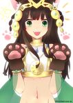  :d animal_ears bastet_(p&amp;d) brown_hair cat_ears cat_paws fangs green_eyes jewelry midriff navel open_mouth paws puzzle_&amp;_dragons smile yoshidau 