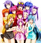  6+girls :d :o ahoge annotated antenna_hair arm_holding arm_hug bare_shoulders blonde_hair blue_eyes blue_hair blush bow breasts caro_ru_lushe dress embarrassed erio_mondial fang fate_testarossa finger_to_mouth frown ginga_nakajima gradient_hair green_eyes hagane_soushi hair_bow hair_intakes hair_ribbon hand_on_head harem highres hug hug_from_behind large_breasts locked_arms long_hair low-tied_long_hair lutecia_alpine lyrical_nanoha mahou_senki_lyrical_nanoha_force mahou_shoujo_lyrical_nanoha mahou_shoujo_lyrical_nanoha_a's mahou_shoujo_lyrical_nanoha_a's_portable:_the_battle_of_aces mahou_shoujo_lyrical_nanoha_strikers mahou_shoujo_lyrical_nanoha_vivid material-l megane_alpine mother_and_daughter multicolored_hair multiple_girls off_shoulder one_eye_closed open_mouth orange_hair pink_eyes pink_hair ponytail purple_eyes purple_hair red_eyes red_hair ribbon rio_wezley short_hair siblings signum sisters smile subaru_nakajima sweatdrop teana_lanster two-tone_hair very_long_hair white_background 