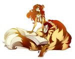  armlet book ear_piercing feline female green_eyes hair huge_tail jewelry long_hair looking_at_viewer mammal piercing plain_background red_hair redbeanviolin sitting solo tiger 