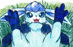  eevee eeveeloution eeveelution glaceon glacion grass hindpaw invalid_color invalid_tag lying nintendo on_back open_mouth pad pads pawpads paws pok&#233;mon pok&eacute;mon simple_background smile solo spread_legs spreading video_games 