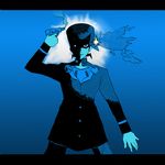  blue evoker gakuran gun higashikata_jousuke jojo_no_kimyou_na_bouken male_focus orendi parody persona persona_3 pompadour school_uniform solo weapon 