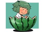  food fork fruit fruit_cup green_hair hair_bobbles hair_ornament in_container in_food japanese_clothes kimono kisume knife onikobe_rin oversized_object smile solo touhou twintails watermelon yukata |_| 