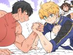  3girls abe_riko ahoge anger_vein arash_(fate) arm_wrestling arthur_pendragon_(fate) biceps blonde_hair breasts brown_hair dark_skin eye_contact eyelashes eyes_closed fate/grand_order fate/prototype fate/prototype:_fragments_of_blue_and_silver fate_(series) genderswap genderswap_(mtf) green_eyes grin looking_at_another multiple_girls muscle muscular_female ozymandias_(fate) short_hair sleeveless smile sweat upper_body 