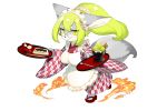  1girl animal_ears apron full_body fullbokko_heroes furry green_eyes green_hair hair_ornament holding holding_tray jitome kishibe long_sleeves maid_apron maid_headdress official_art rimless_eyewear round_eyewear sandals solo sorbet_(food) tail tray 