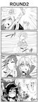  4koma :o blush bow cape clenched_hand comic cowboy_shot dress emphasis_lines gradient_hair greyscale hair_bow hakurei_reimu highres hijiri_byakuren hopeless_masquerade kakao_(noise-111) long_hair looking_back monochrome multicolored_hair multiple_girls ofuda open_mouth ritual_baton short_sleeves simple_background standing touhou toyosatomimi_no_miko translated white_background 