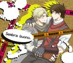  blonde_hair blue_eyes brown_hair caesar_anthonio_zeppeli facial_mark fingerless_gloves gloves green_eyes italian jojo_no_kimyou_na_bouken joseph_joestar_(young) licking_lips miyanami_yuuki multiple_boys suspenders sweatdrop sweater_vest teenage time_paradox tongue tongue_out translated younger 