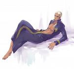  barefoot bed dark_skin dark_skinned_male enrico_pucci ffc jojo_no_kimyou_na_bouken male_focus open_clothes open_shirt ponytail shirt solo white_hair 