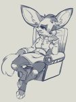  2018 anthro breasts canine chair clothed clothing female fennec fox fully_clothed fur hair legwear mammal monochrome one_eye_closed paws reign-2004 simple_background sitting socks solo stockings toeless_socks uniform 