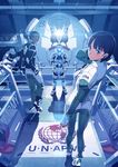  2boys ass blue_eyes bodysuit fingerless_gloves gloves helmet highres looking_back mecha multiple_boys original smile standing tatsuwo united_nations 