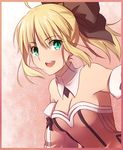  ahoge artoria_pendragon_(all) bare_shoulders blonde_hair bow breasts cleavage detached_collar detached_sleeves fate/stay_night fate/unlimited_codes fate_(series) green_eyes hair_bow long_hair medium_breasts open_mouth ponytail saber saber_lily sidelocks smile solo tusia 