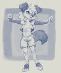  2018 anthro breasts canine clothing dog female floppy_ears fur gloves hair legwear mammal monochrome navel nipples paws reign-2004 simple_background small_breasts smile socks solo stockings toeless_socks 