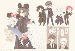  3girls bazett_fraga_mcremitz caren_hortensia cigarette claudia_hortensia cross emiya_kiritsugu fate/hollow_ataraxia fate/zero fate_(series) formal kotomine_kirei mickey_mouse_ears multiple_boys multiple_girls stuffed_animal stuffed_toy suit tears translation_request tsumi_guilty 