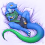  amber_eyes anole bed beverage blue_skin bottle bra breasts chocolate clothing eating eliza_(vader-san) female food green_skin invalid_color lizard lying on_back reptile scalie shirt shorts shoulders smile soda solo spreading thick_tail translucent underwear vader-san yellow_eyes 