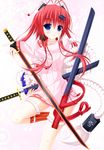  bad_id bad_pixiv_id blue_eyes boots dress dual_wielding highres holding holding_sword holding_weapon hyakka_ryouran_samurai_girls katana knee_boots leg_up legs looking_at_viewer pink_background pink_dress red_footwear red_hair scabbard sheath sheathed simple_background smile standing standing_on_one_leg sword tareme unsheathed weapon yagyuu_juubei_(hyakka_ryouran) yunagi_amane 