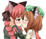  animal_ears blush bow braid brown_hair cat_ears chen earrings hair_bow hat jewelry kaenbyou_rin kiss multiple_girls pila-pela red_hair touhou twin_braids twintails yuri 