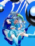  backpack bag blue_eyes blue_hair boots hair_bobbles hair_ornament hat hopeless_masquerade ishikkoro kawashiro_nitori key looking_at_viewer midriff open_mouth rocket rubber_boots shirt skirt sleeves_rolled_up smile solo touhou two_side_up wrench 