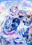 angel angel_wings ankle_wings armor armored_dress blue_dress blue_eyes blush copyright_name dress energy_wings full_body gradient_wings halo headpiece ibara_riato long_hair looking_at_viewer michael_(z/x) multicolored multicolored_wings official_art pink_hair shield solo sword tsurime watermark weapon wings z/x 