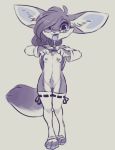  2018 anthro big_ears blush bottomless breasts canine cleft_of_venus clothed clothing clothing_lift collar eyewear female fennec fox fur glasses hair hair_over_eye legwear looking_at_viewer mammal maxine monochrome nipple_piercing nipples one_eye_closed open_mouth paws piercing pussy reign-2004 shirt shirt_lift simple_background small_breasts smile socks solo stockings toeless_socks tongue tongue_out 