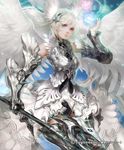  angel_wings armor bare_shoulders blonde_hair dress frills lace lips long_hair looking_at_viewer pink_eyes polearm shingeki_no_bahamut solo spear valkyrie watermark weapon wings youshun_(naturaljuice) 