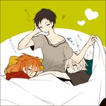  2boys akina422 bad_id bad_pixiv_id bisexual_(male) brown_hair closed_eyes heart ikari_shinji long_hair love_triangle multiple_boys nagisa_kaworu neon_genesis_evangelion orange_hair short_hair sleeping smile souryuu_asuka_langley sweat under_covers white_hair 