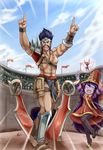  alternate_costume arena black_hair cloud colosseum day draven facial_hair fairy gladiator hat highres league_of_legends long_hair lulu_(league_of_legends) nam_(valckiry) open_mouth pix pointy_ears purple_hair purple_skin short_hair sky v weapon witch_hat 