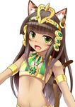  animal_ears armlet bastet_(p&amp;d) black_hair blush cat_ears cat_tail dark_skin diadem earrings egyptian fangs flat_chest green_eyes jewelry kuurunaitsu long_hair looking_at_viewer midriff navel open_mouth puzzle_&amp;_dragons simple_background single_earring solo tail white_background 