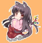  animal_ears black_hair branch cat_ears chibi eyebrows houraisan_kaguya japanese_clothes jeweled_branch_of_hourai kemonomimi_mode long_hair megawatt red_eyes skirt solo touhou wide_sleeves 