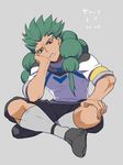  armband bad_id bad_pixiv_id character_name cosplay green_hair grin inazuma_eleven_(series) inazuma_eleven_go inazuma_eleven_go_chrono_stone male_focus perfect_cascade red_eyes rei_ruku rei_ruku_(cosplay) simple_background sitting smile soccer_uniform solo sportswear zanak_abalonic zuwai_kani 