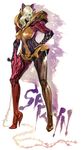  blonde_hair bodysuit breasts green_lipstick hair_over_one_eye hand_on_hip high_heels highres ikeda_masateru large_breasts light_smile lipstick long_hair makeup saryn_(warframe) shadow shoes solo stiletto_heels vine_whip warframe whip yellow_eyes 