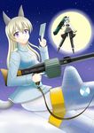  animal_ears bad_id bad_pixiv_id black_legwear blonde_hair card drum_magazine eila_ilmatar_juutilainen full_moon green_eyes gun highres hirschgeweih_antennas looking_at_viewer machine_gun moon multiple_girls night pantyhose purple_eyes rocket_launcher sanya_v_litvyak silver_hair skirt star_(sky) strike_witches striker_unit tail ten'on-kyou_(shinjirou) weapon white_legwear world_witches_series 