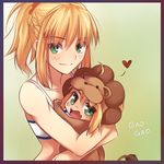  ahoge animal_costume artoria_pendragon_(all) blonde_hair blush border braid chibi colorized fang fate/apocrypha fate/stay_night fate/tiger_colosseum fate_(series) french_braid gao green_eyes heart hug lion_costume long_hair mordred_(fate) mordred_(fate)_(all) multiple_girls ponytail red_scrunchie saber_lion scrunchie spoken_heart sports_bra strapless takeuchi_takashi_(style) tubetop tusia 
