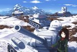  blue_eyes breasts brown_hair caterpillar_tracks emblem fangdan_runiu frown girls_und_panzer gloves ground_vehicle jacket kv-2 long_hair medium_breasts military military_uniform military_vehicle motor_vehicle multiple_girls nonna pravda_(emblem) pravda_military_uniform snow t-34 tank uniform 