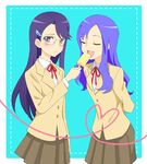  arms_behind_back bad_id bad_pixiv_id blazer blue_background blush closed_eyes couple feeding food glasses heart heartcatch_precure! jacket kurumi_momoka long_hair multiple_girls myoudou_gakuen_high_school_uniform open_mouth p._(momoiro_hakushaku) popsicle precure purple_eyes purple_hair school_uniform simple_background tsukikage_yuri yuri 