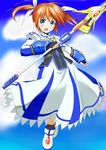  absurdres aqua_eyes blush brown_hair cloud dat4147 day dress fingerless_gloves gloves hair_ribbon highres long_sleeves lyrical_nanoha magical_girl mahou_shoujo_lyrical_nanoha mahou_shoujo_lyrical_nanoha_a's mahou_shoujo_lyrical_nanoha_the_movie_2nd_a's open_mouth puffy_sleeves raising_heart ribbon short_twintails sky solo takamachi_nanoha twintails 