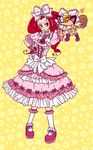  alternate_costume blue_eyes blush_stickers boots choker cindysuke corset earrings gen_1_pokemon hair_ribbon hand_on_hip holding_up jewelry lolita_fashion long_hair mary_janes meowth musashi_(pokemon) pokemon pokemon_(anime) pokemon_(creature) red_hair ribbon shoes socks sweet_lolita tail tail_ribbon 